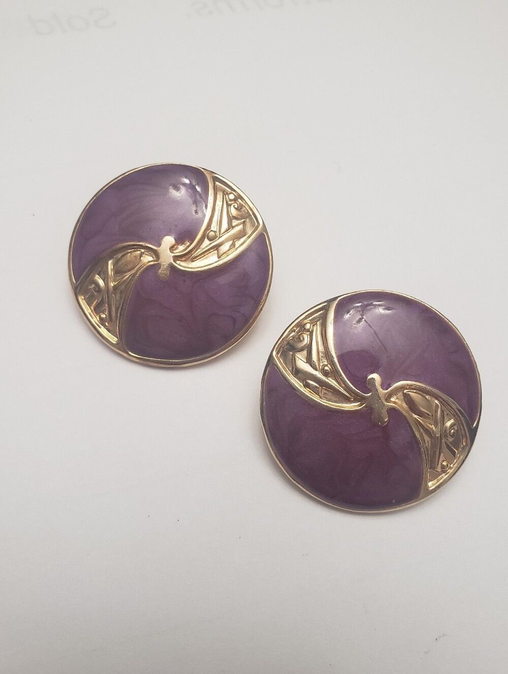 Vintage EDGAR BEREBI Large Enameled Purple & Gold Pierced Earrings